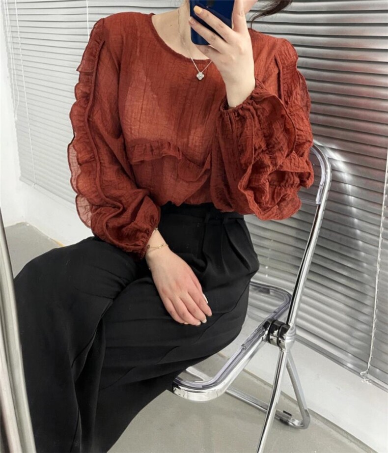 拼接丝瓜袖波浪纹上衣，其它，新袖