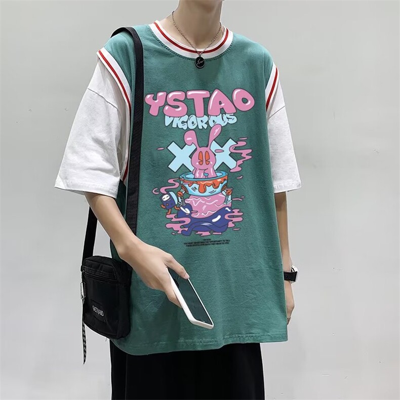 2023夏季新款韩版宽松假两件休闲T恤衫美式篮球服上衣T1267-P28,男装T恤,星座512-2