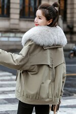 棉衣/棉服2021新款冬仿羊羔毛中长款工装棉服女海军领派克服配毛领，女装派克服，瑶迪依秀