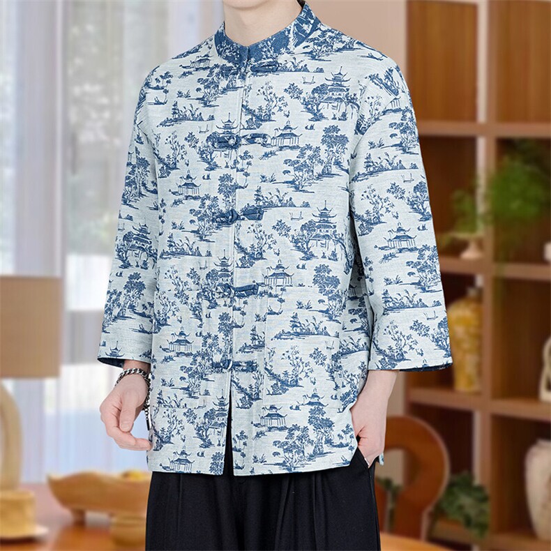 2025春夏新款男士七分袖牛仔水洗提花中式盘扣衬衫A021-KS518-P75,男装衬衫,电商A021