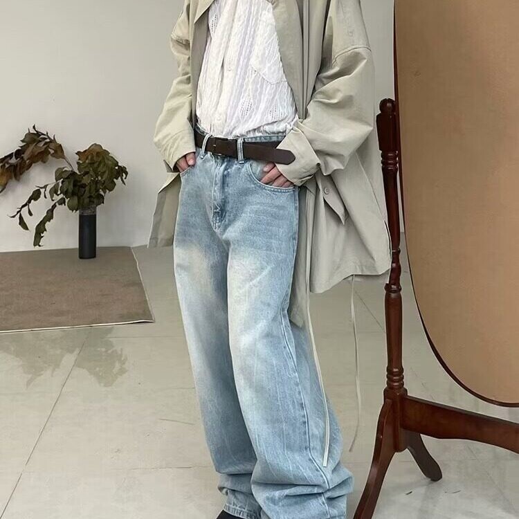 牛仔裤夏季美式复古潮牌破洞直筒裤水洗宽松阔腿休闲长裤nkk07P45,男装牛仔裤,电商D256-2(原A064-2)