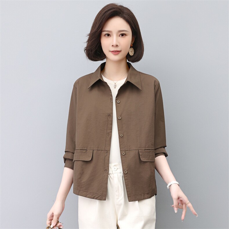纯棉衬衫外套女长袖2023新款春秋妈妈洋气休闲宽松短款开衫薄上衣,女装短外套,涵誉