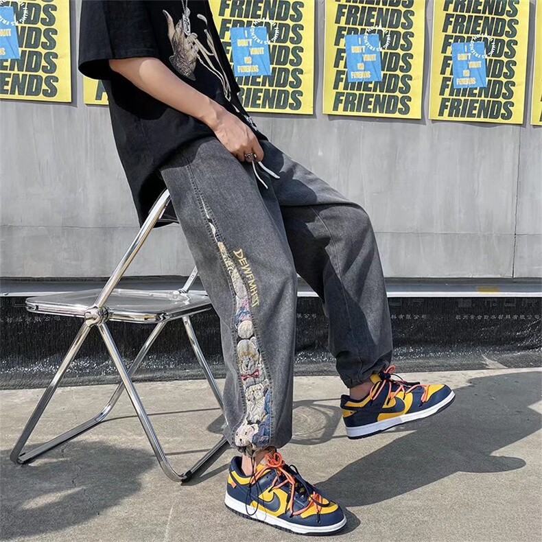 美式高街拼接牛仔裤男宽松潮流束脚裤NK80P43,男装牛仔裤,星座1116-2
