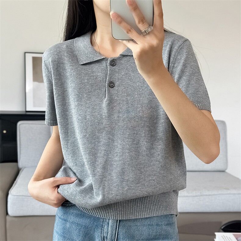 夏季时尚百搭纯棉针织短袖女翻领纯色宽松显瘦上衣t恤女polo衫女,女装T恤,洁纯羊绒