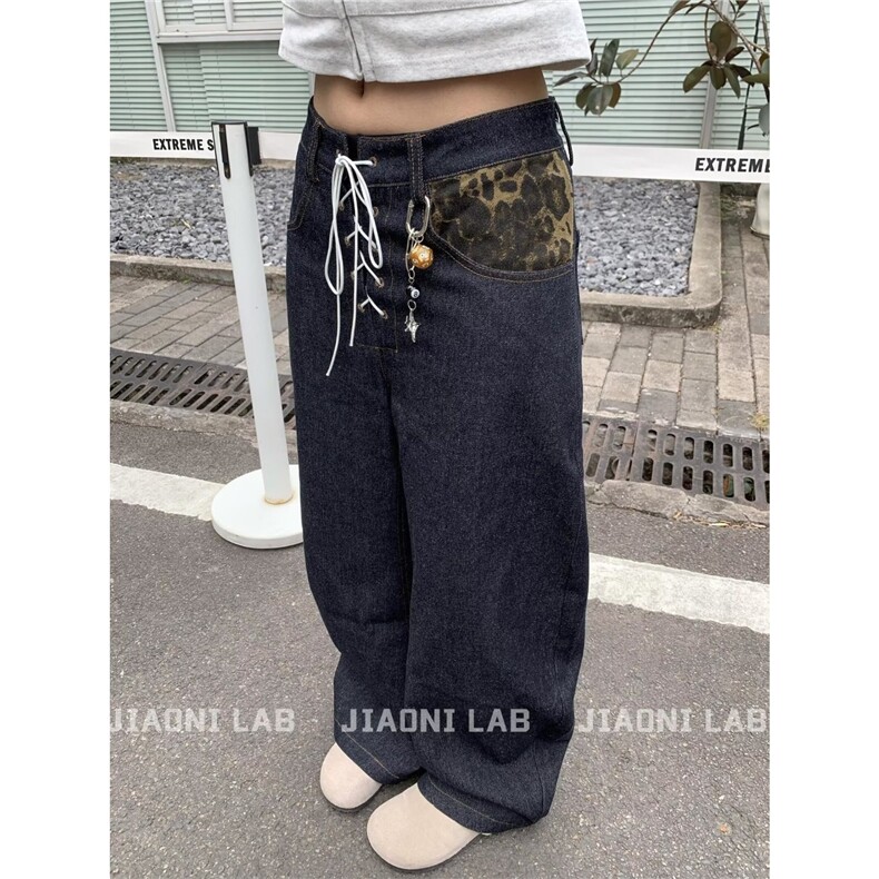N7051-P47美式复古辣妹小众设计款豹纹拼接牛仔弯刀裤，男装休闲裤，电商B323A