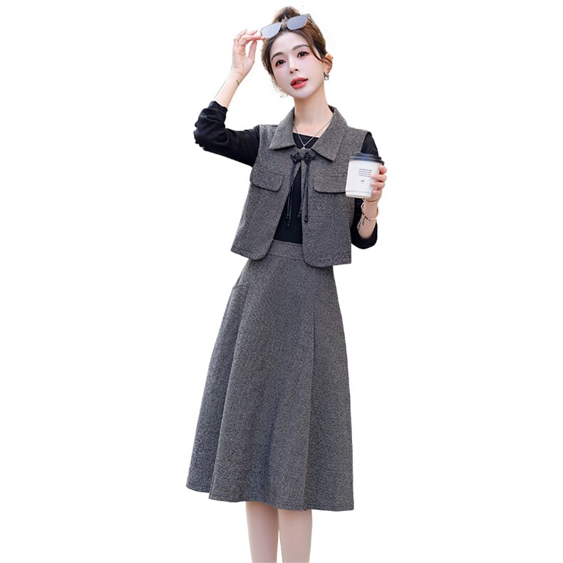 复古灰套装连衣裙女2025春季新款修身名媛气质长袖裙子马甲两件套,女装套装/套裙,星宇服饰