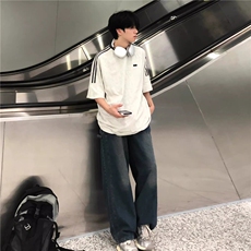 抖音得物品质夏季美式高街纯棉三条杠织带男女短袖T恤ZD588特25，男装T恤，电商A486-1