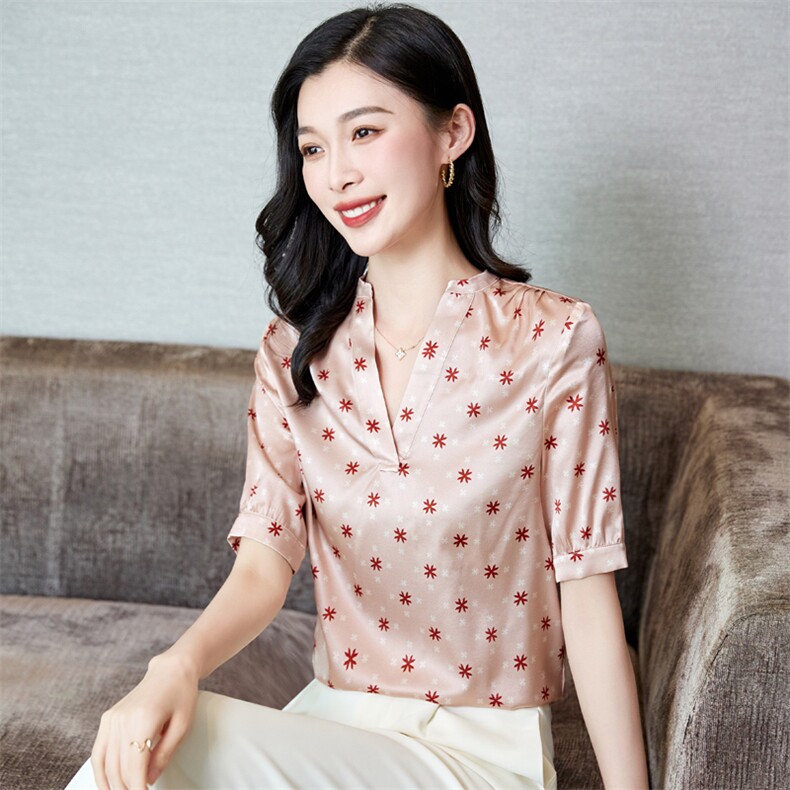 v领真丝衬衫女短袖夏季2025新款宽松大码印花桑蚕丝上衣中年妈妈,女装衬衫,阿舍尔精品