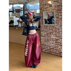 XHDDYAY美式复古字母印花低腰阔腿裤女街头风宽松休闲抽绳长裤潮，男装休闲裤，星座506A