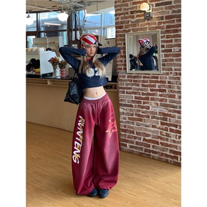XHDD YAY美式复古字母印花低腰阔腿裤女街头风宽松休闲抽绳长裤潮图片
