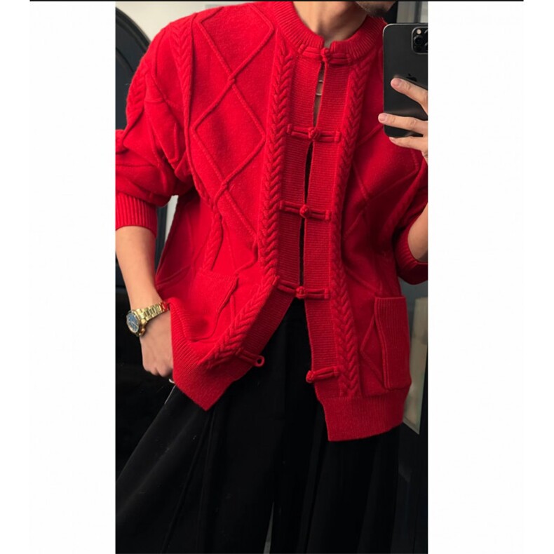 复古风大红排扣针织衫毛衣开衫W6100，男装针织衫/毛衣，星座1212