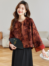 韩城.新中式人丝质提花竹叶花外套2025春复古卷边宽袖落肩上衣女s，女装短外套，新依时派