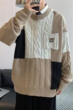秋冬ins港风拼接撞色针织衫男潮流情侣宽松毛线衣外套M314-P45，男装针织衫/毛衣，星座512-4