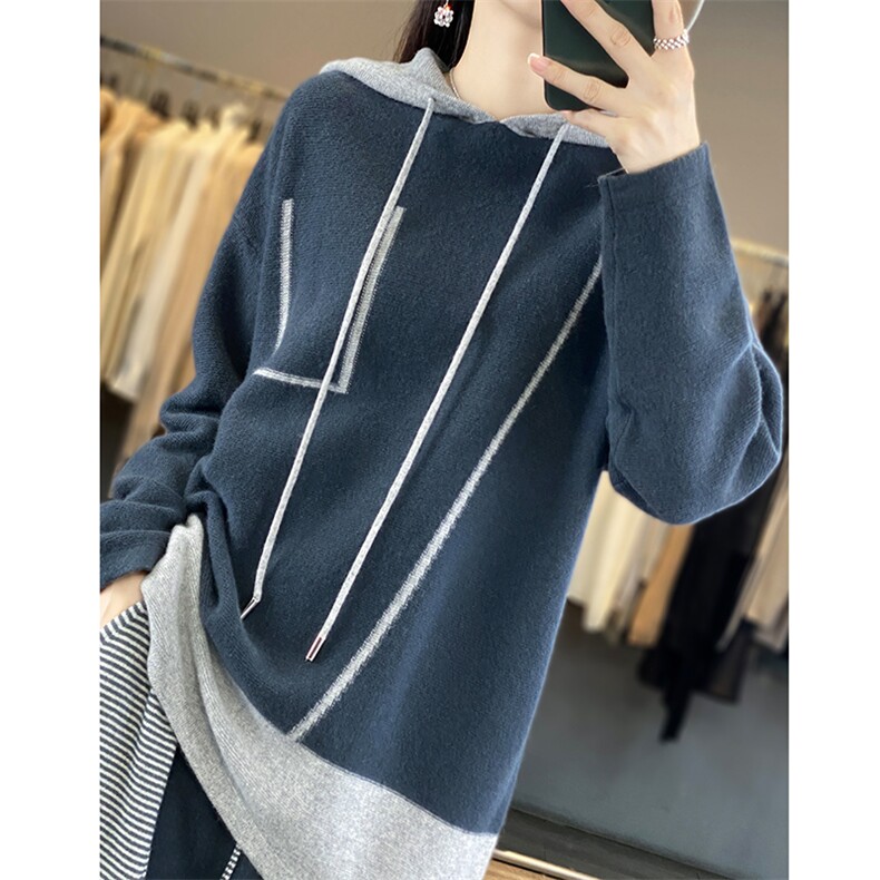 秋冬新款连帽抽绳100%羊绒衫女宽松拼色时尚慵懒羊毛针织打底上衣,女装羊毛衫,若菲羊绒