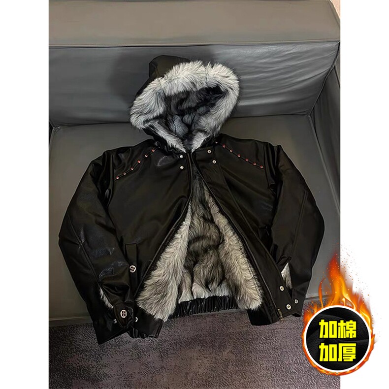 现货冬季美式潮牌痞帅PU皮机车服棉衣毛毛绒狼王座山雕皮棉服,男装棉衣,电商A443