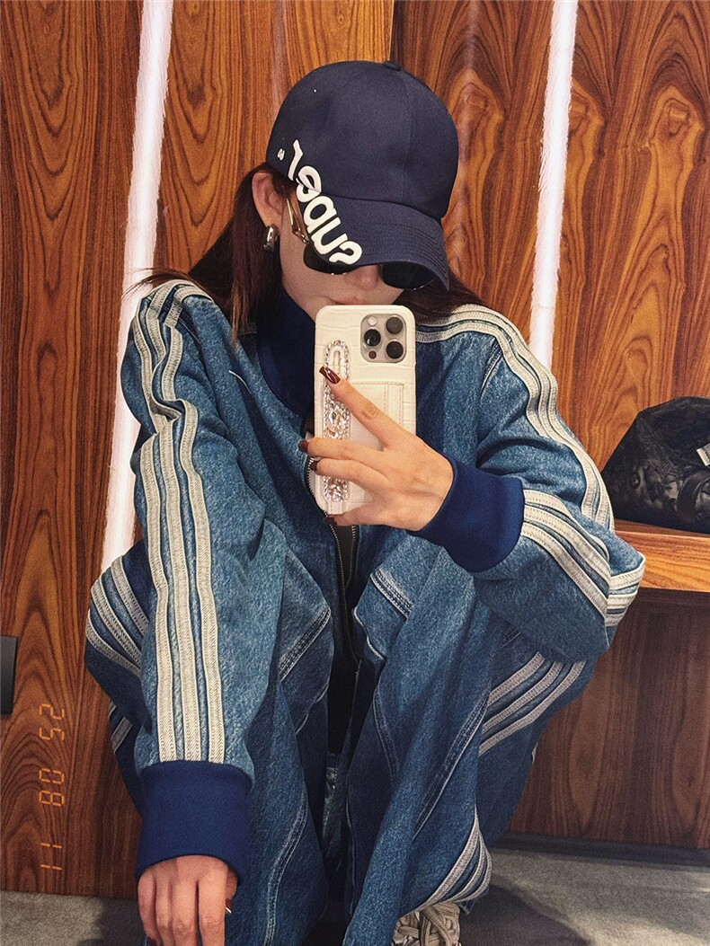 网图现货复古气质三条杠牛仔外套男女秋季棒球服夹克上衣特P85,男装工装外套,电商C306-1