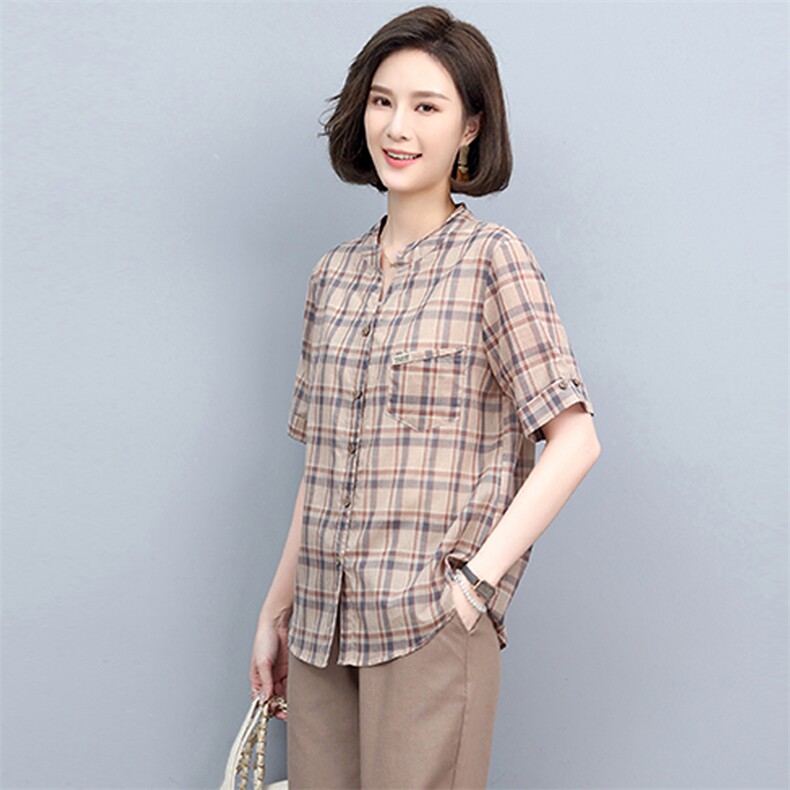 2022年夏季新款短袖衬衣格子衬衫女时尚韩版上衣潮图片
