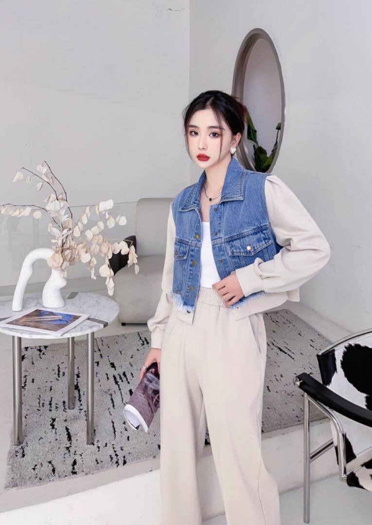 超美牛仔拼接款套装，女装职业装，贻思茗
