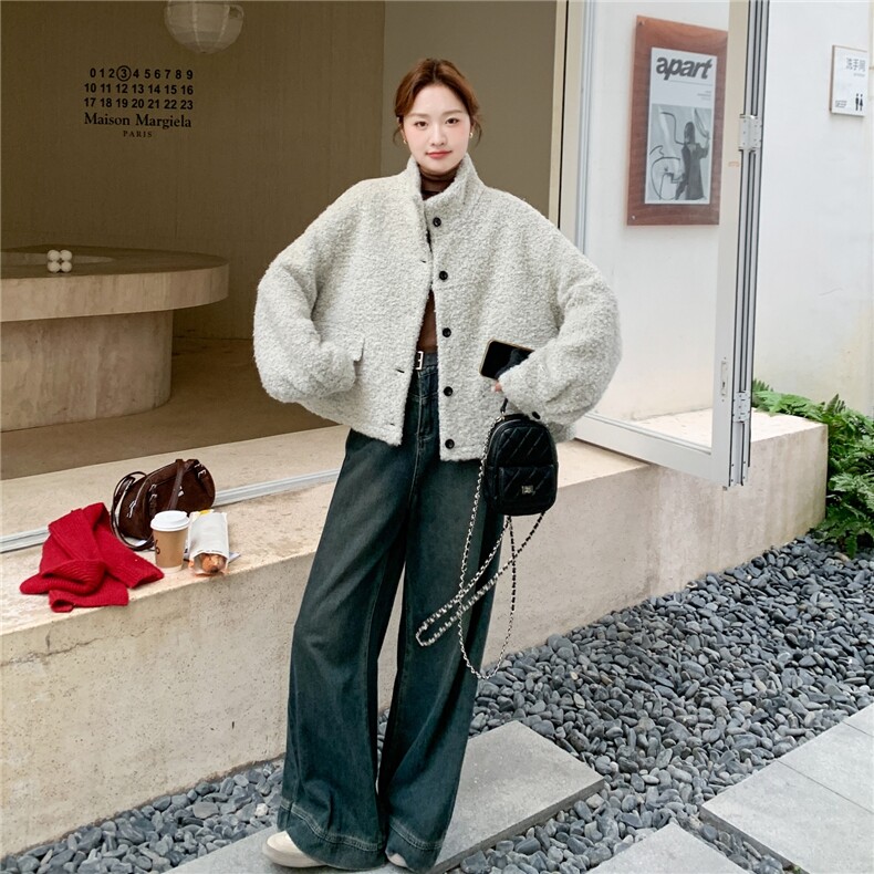 韩版宽松显瘦百搭加厚保暖毛毛外套女短款立领羊羔毛外套,女装棉衣/棉服,维壹