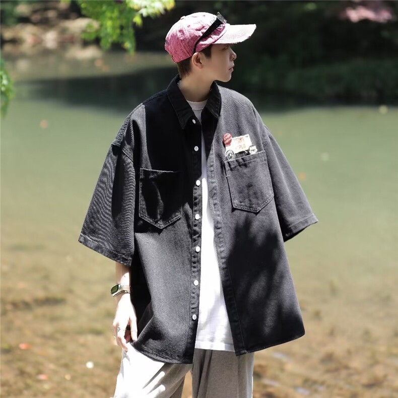 牛仔衬衫男韩版潮流配挂件高街帅气2023夏季ins宽松外套CY328-P49,男装衬衫,星座412-3