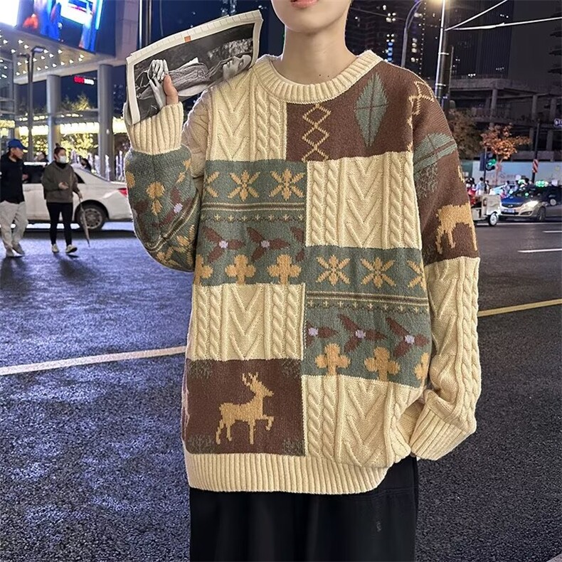 拼接毛衣男冬季加厚潮牌复古秋冬款男生针织衫男款 M241图片