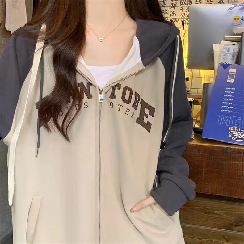 刺绣拉链连帽卫衣外套女春秋美式重磅宽松oversize情侣装开衫上衣,女装卫衣/绒衫,多米女装批发
