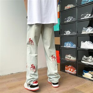 裤子男高街ins潮牌vibe美式牛仔裤女宽松直筒刺绣街头风N9305-P40图片