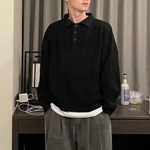 春秋季潮流翻领毛衣男潮流百搭纯色线衣宽松慵懒港风情侣针织衫图片