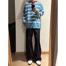 流行日系新款ins潮流气质百搭慵懒纯北极绒高质量条纹撞色毛衣，男装针织衫/毛衣，星座506A