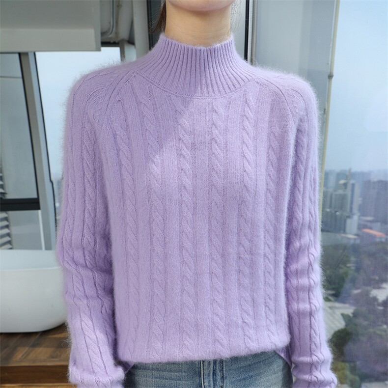 半高领提花加厚100%纯羊毛衫女插肩袖针织打底毛衣宽松羊绒衫上衣,针织衫/毛衣,冬贝尔貂绒