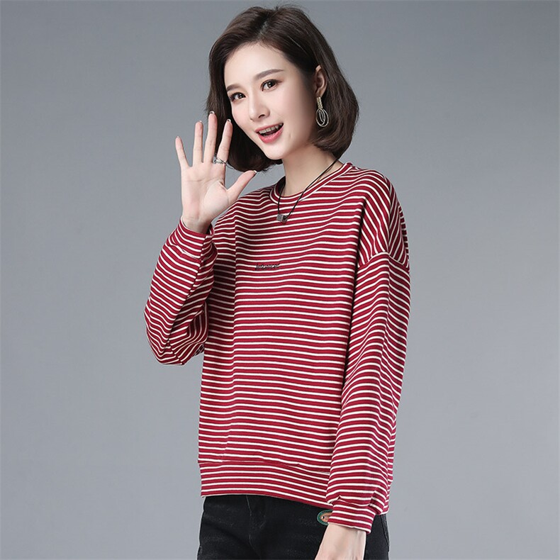2021年春季自主图通勤套头长袖条纹卫衣女字母印花，女装卫衣/绒衫，伊满意