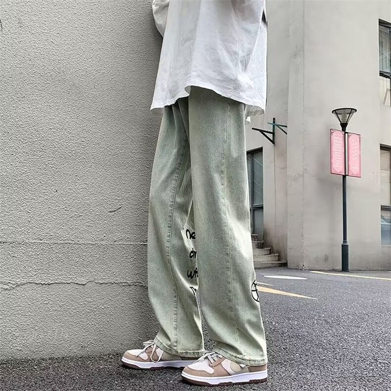 美式复古街头做旧水洗hiphop印花牛仔裤ins高街直筒裤男N5060-P43图片