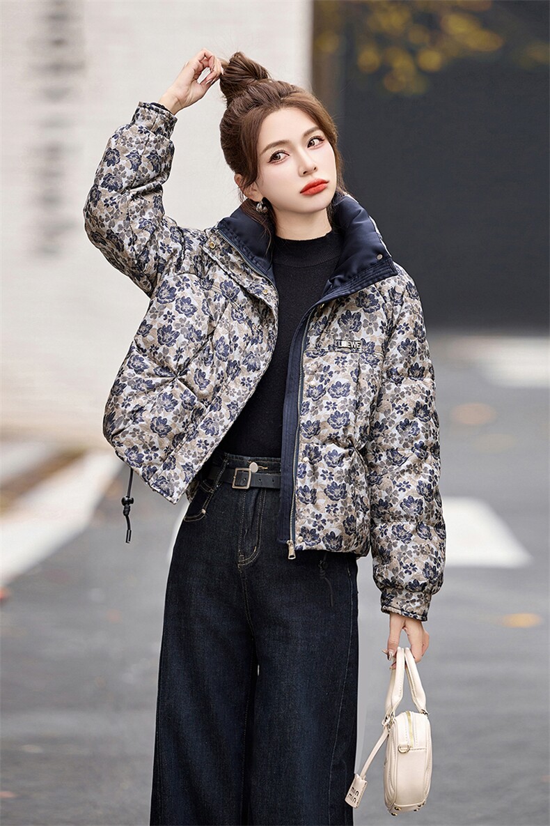 短款羽绒服女2024冬季新款小个子高端洋气设计感欧货碎花厚面包服,女装羽绒服,艾尚靓装