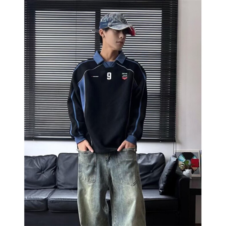 复古卫衣男女春秋痞帅气宽松撞色机车POLO领上衣外套W333,男装Polo衫,星座1116A（原606A-3）