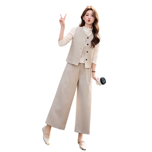 韩系高级感马甲+打底衫+休闲阔腿裤套装女2026春装新款三件套套裤图片