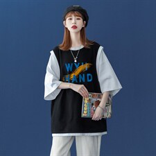 中性风夏季潮流时尚印花情侣假两件背心+T恤T502P35控48，男装T恤，A247A