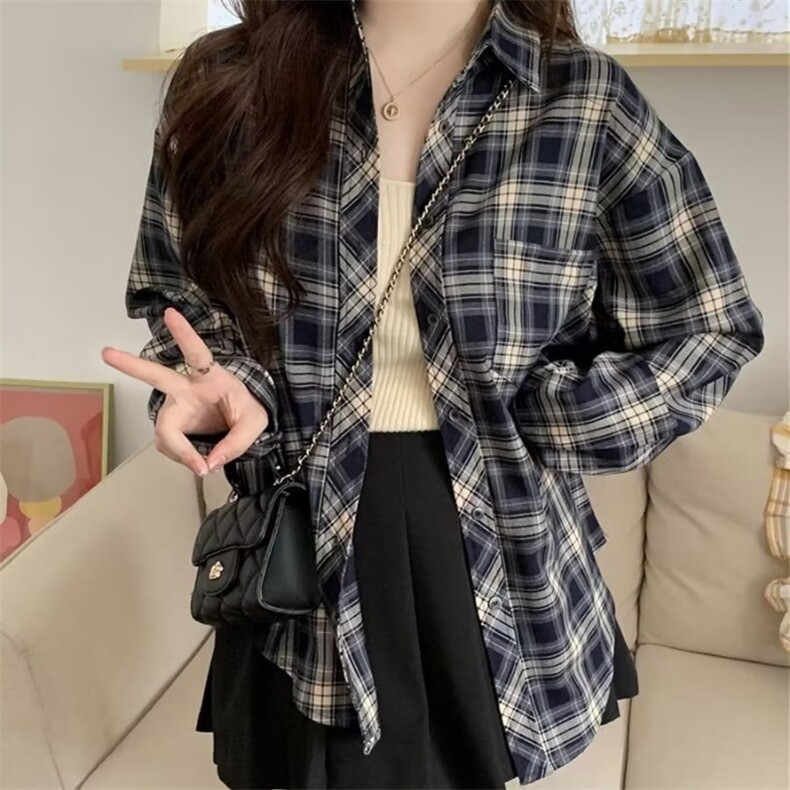 C237-P28 学生穿搭格子衬衫男女慵懒风复古宽松衬衣开衫外套长袖图片