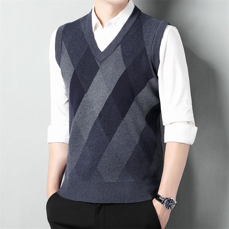 男士毛衣男秋冬新款条纹提花V领马甲中年爸爸加厚百搭背心打底衫，男装背心/马甲，钱塘6003（原4033）