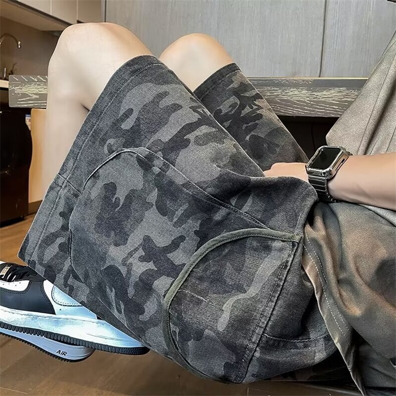 D111-特P45抖音品质迷彩牛仔短裤男夏解构设计水洗工装五分裤，男装牛仔裤，星座603-2