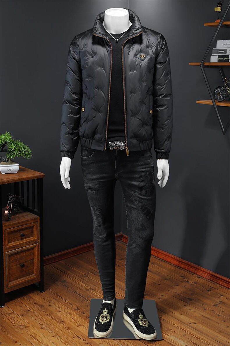 冬季90%白鸭绒亮面立领羽绒服镂空黑色,男装羽绒服,电商A023