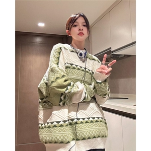 马海毛镂空针织衫女2025秋装新款薄款毛衣宽松绿色上衣SWY32图片