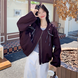洋气炸街蝴蝶结圆领外套女2025秋季新款超好看宽松小个子短款夹克图片