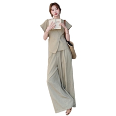 2025年夏季新款法式时尚设计感V领短袖马甲阔腿裤休闲套装女，女装套装/套裙，2C159