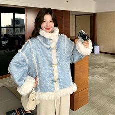 蓝色晕染设计感羊角口羊羔毛外套190-5077-P230K328，女装毛呢外套，2B190