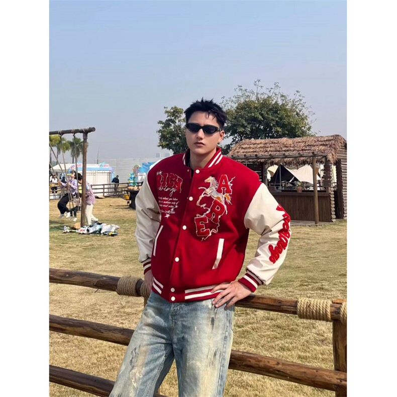 W11126-P70网图现货美式拼接钉珠皮袖棒球服高街潮牌宽松夹克，男装夹克，星座1608