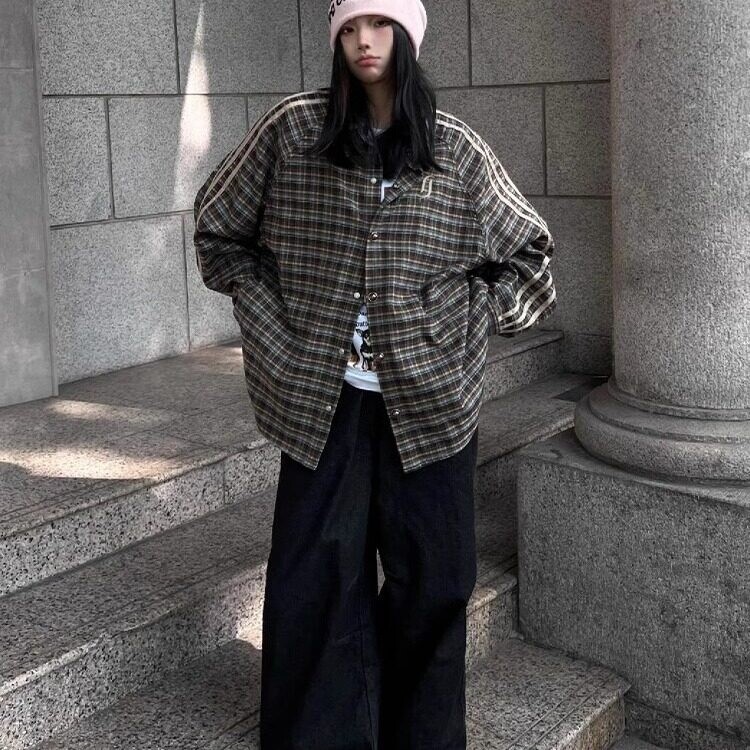 美式潮牌格子衬衫字母刺绣条纹衬衣外套宽松长袖上衣潮JKK03P55,男装衬衫,电商D256-2(原A064-2)