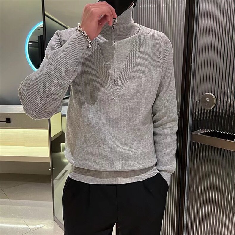 秋冬半拉链高领V领高级感假两件毛衣男休闲拼接纯色针织衫M3462,男装针织衫/毛衣,星座1116A-2（原606A-1）
