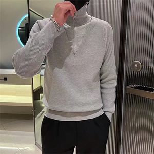 秋冬半拉链高领V领高级感假两件毛衣男休闲拼接纯色针织衫 M3462图片