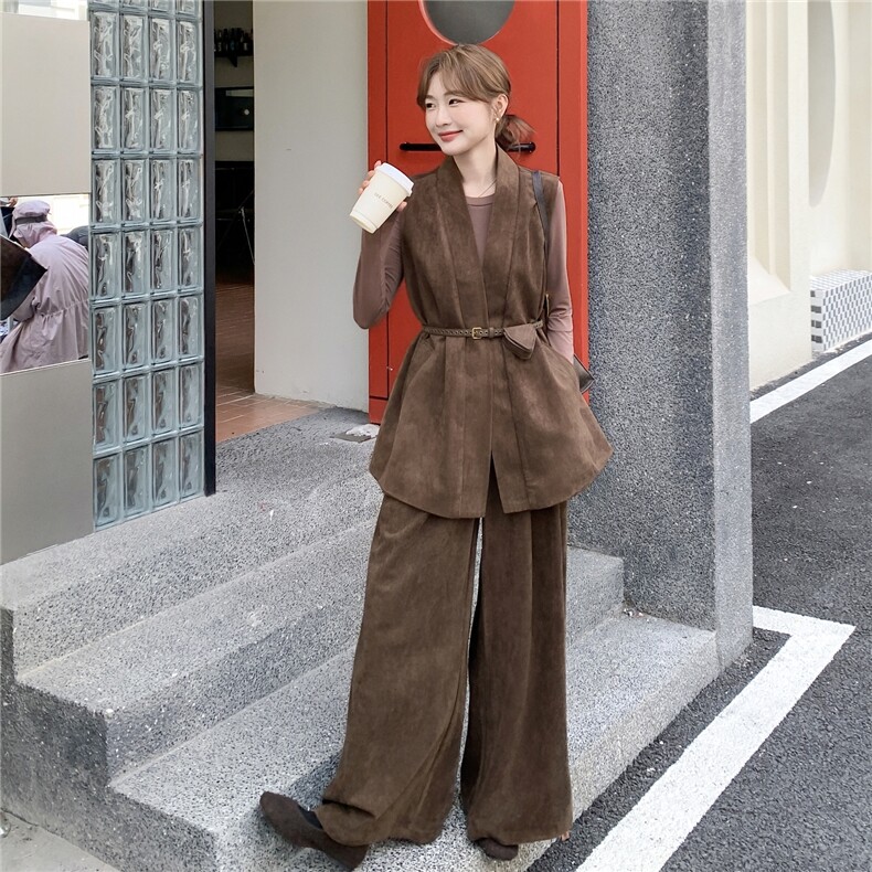 【现货】马甲阔腿裤麂皮绒两件套装2C327-9909P175控269,女装套装/套裙,2C327