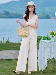 （新款现货）2026夏装时尚刺绣不对称上衣+阔腿裤棉麻套装两件套图片